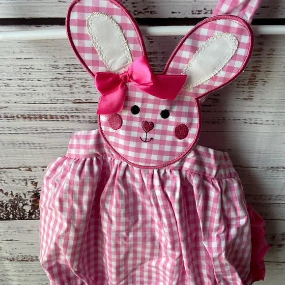 Korie’s Kloset // Pink Gingham Easter Bunny Romper with Tie Back and Ruffle Butt - Picture 2 of 4